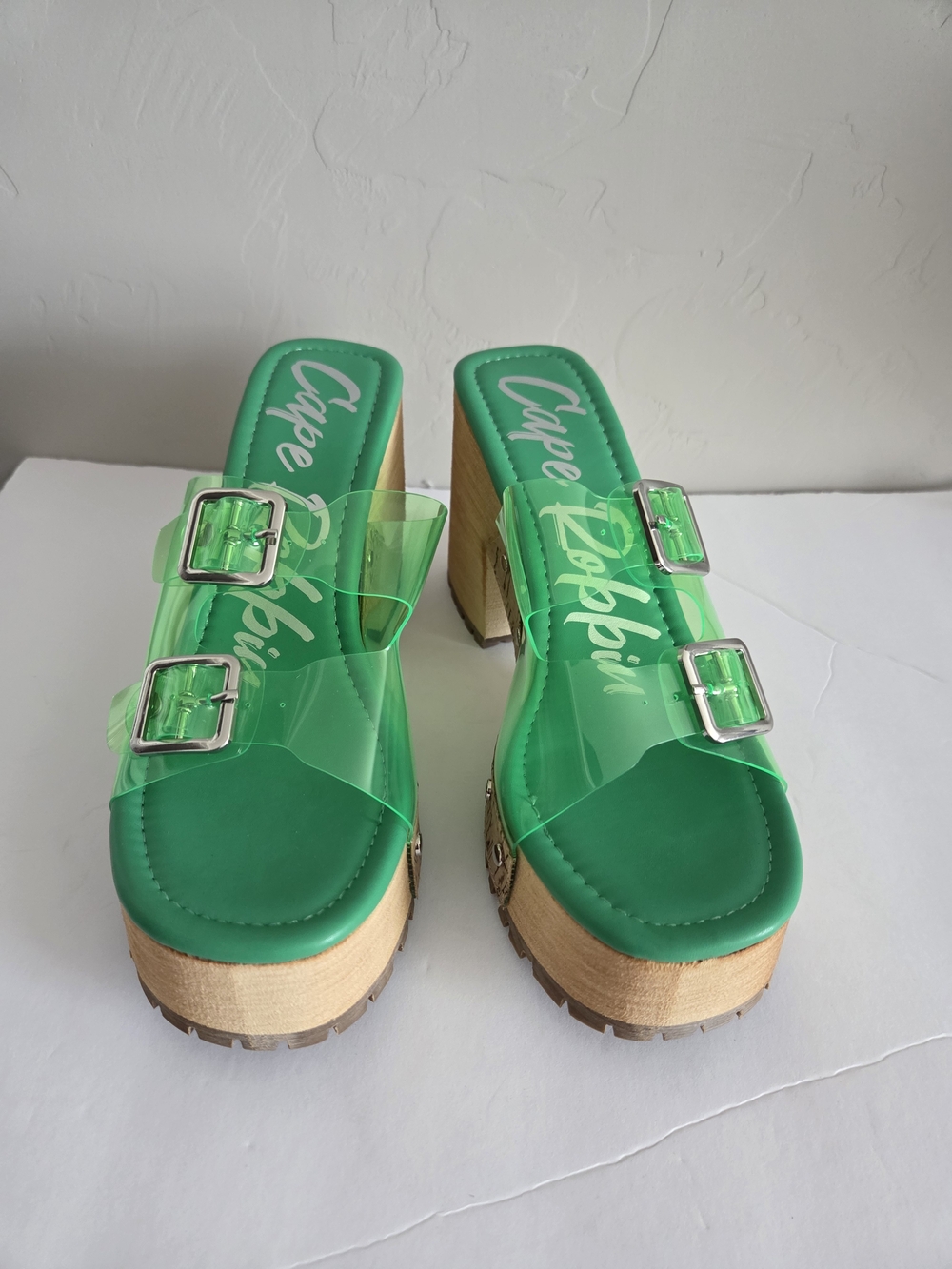 Cape Robbin Green Clear Double Buckle Platform Mule Sandals 7 - Picture 2 of 9